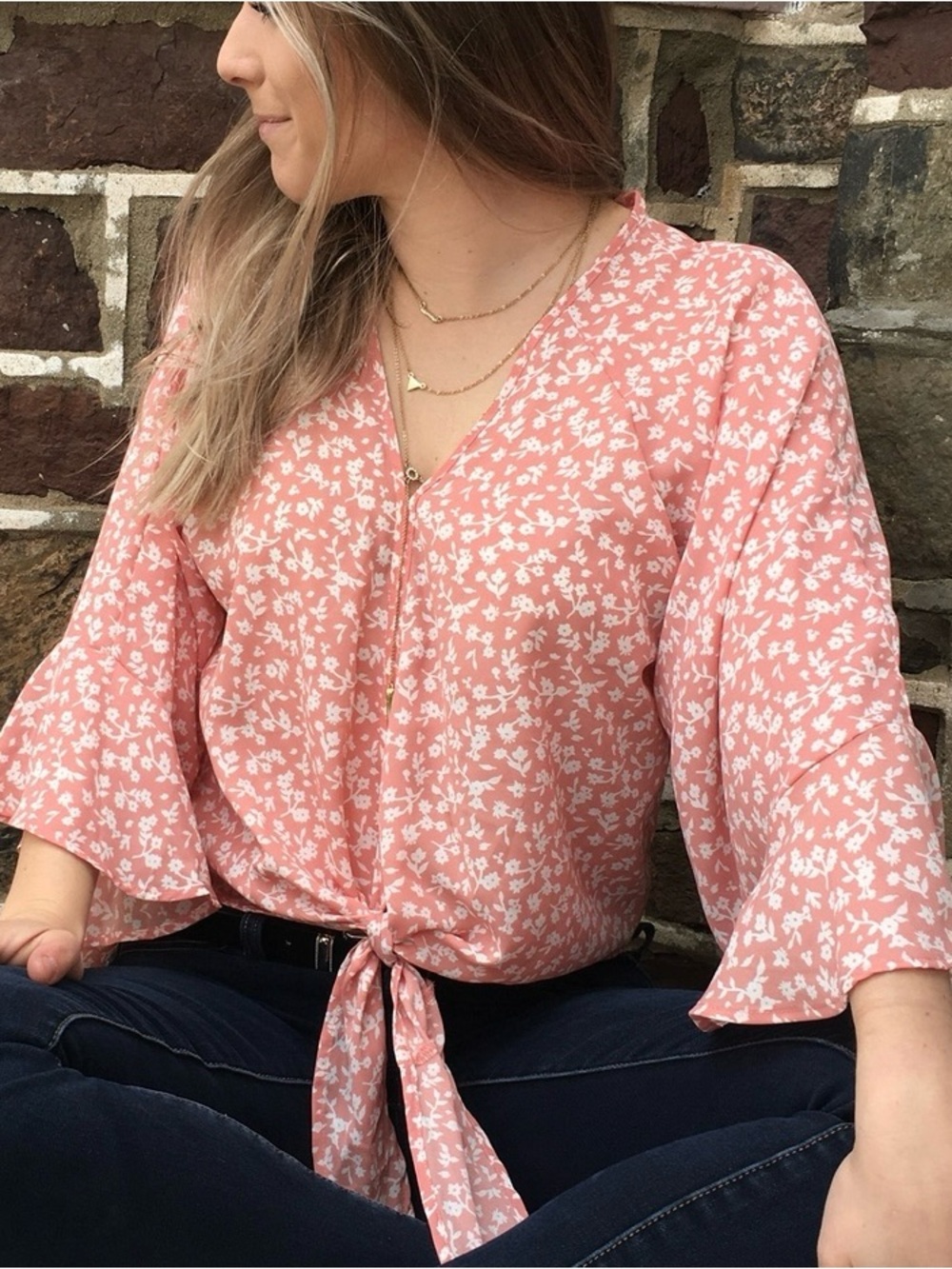 Sienna Sky Pink Floral Tie-Front V-Neck Blouse (Medium)